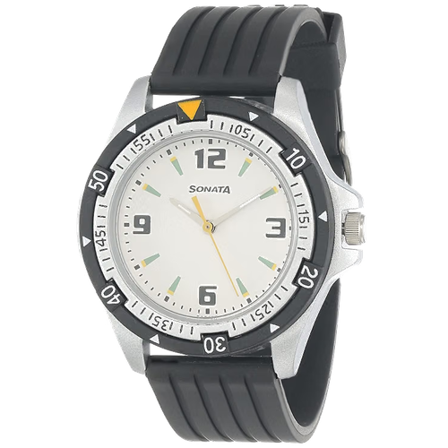 Sonata SF Quartz Analog White Dial Black Plastic Strap Watch NT7930PP01